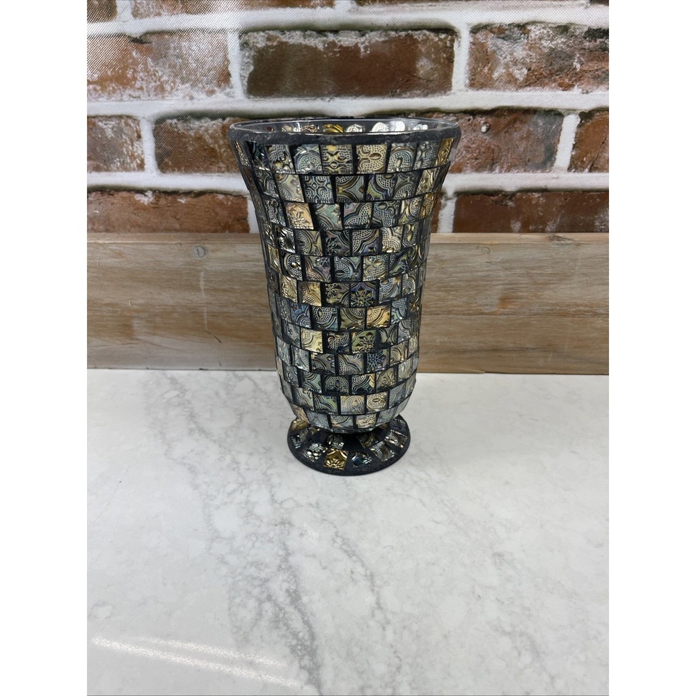 Mosaic Tiled Hurricane Glass Candle Holder Vase 10" X 5 1/2 iridescent color